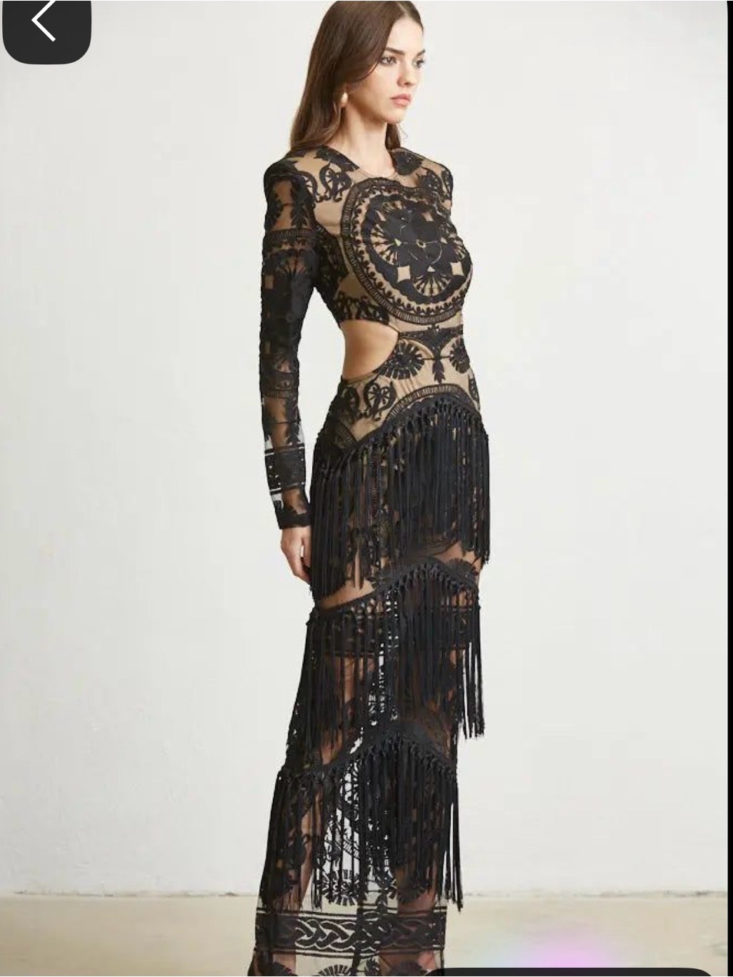 Black Sheer Lace Fringe Maxi Dress